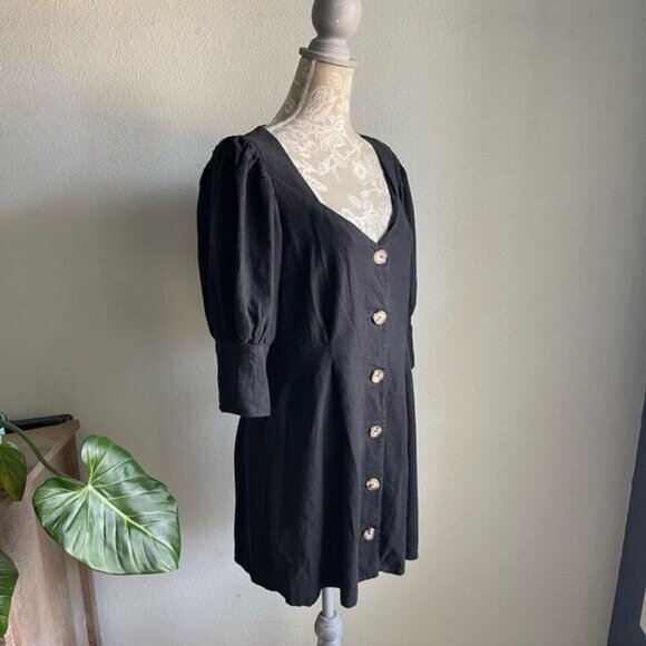 ASOS Linen Blend Sweetheart Neck Button Through Mini Dress in Black - Picture 9 of 11